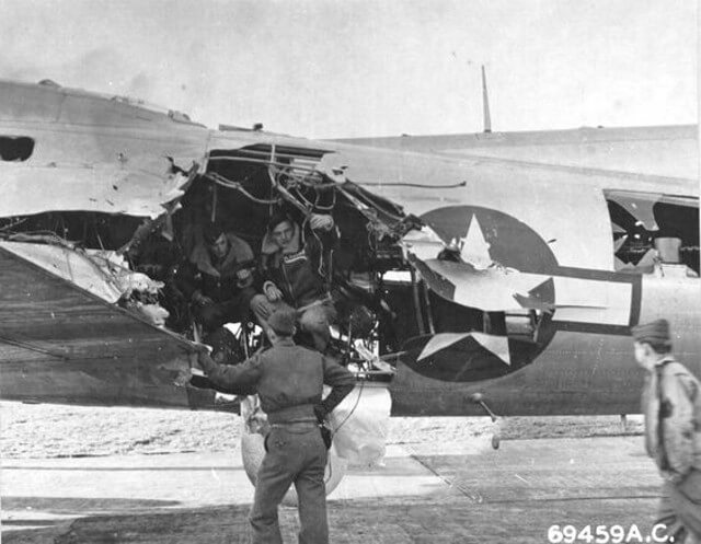 Photo of damage at the fuselage of a B-17