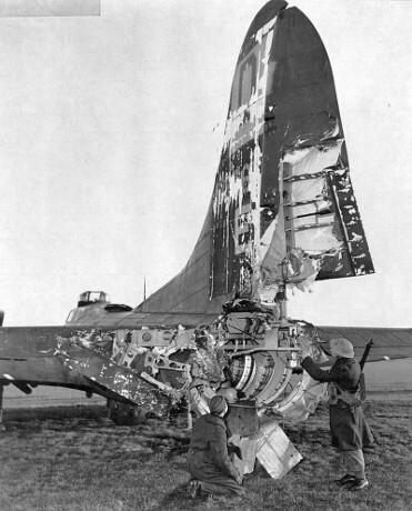Photo of a damaged tail on a B-17