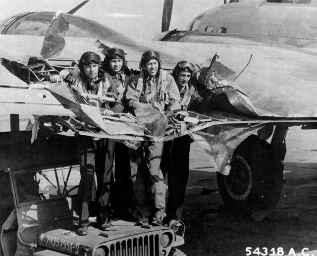 Photo of damaged wings on a B-17