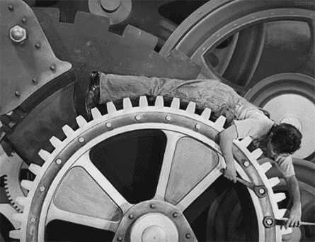 Animation of Charlie Chaplin repairing a machine