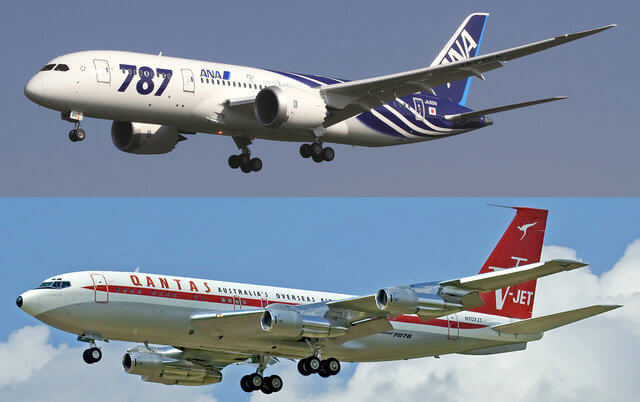 Comparison photo of a Boeing 787 and 707
